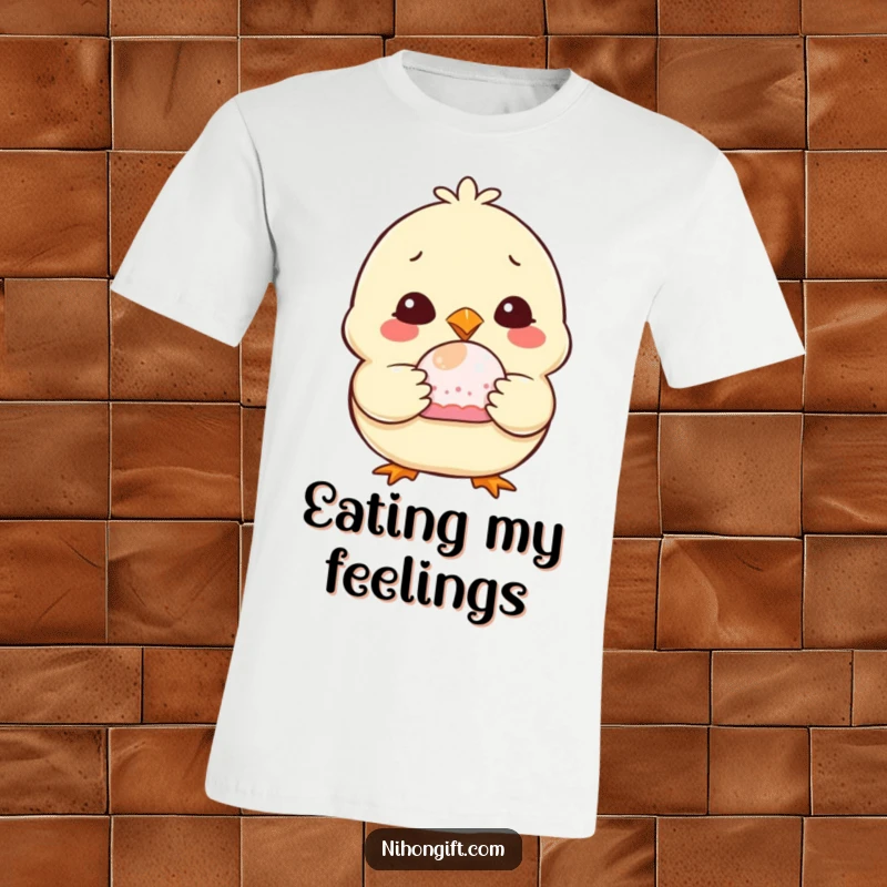 Funny Chubby Chick T-Shirt with a wide smile, happily clutching a sweet mochi, perfect for expressing playful joy.