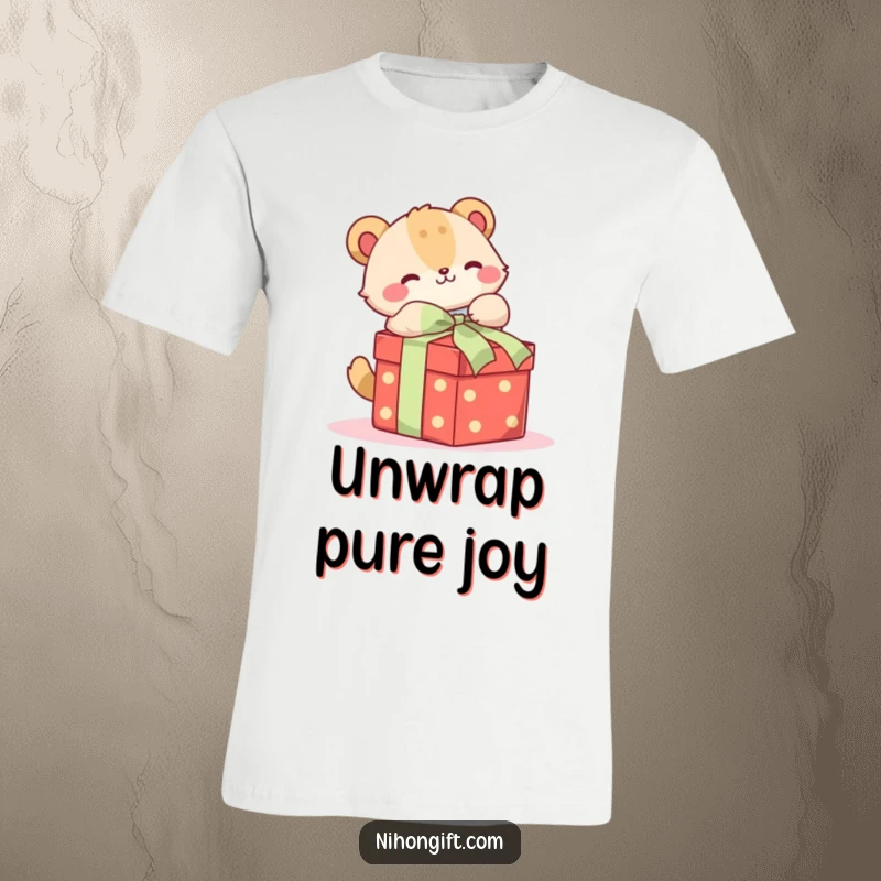 Funny t-shirt depicting a cute animal ecstatically unwrapping a beautifully tied gift box, perfect for gift lovers.