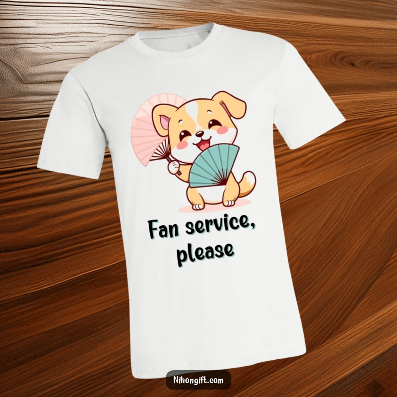 Funny Dog Fan T-Shirt: A smiling dog character is captured mid-wave with a beautiful, traditional Japanese fan.