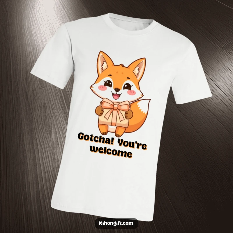 Funny fox t-shirt featuring a grinning fox joyfully presenting a beautifully wrapped gift, embodying festive cheer and playful generosity.