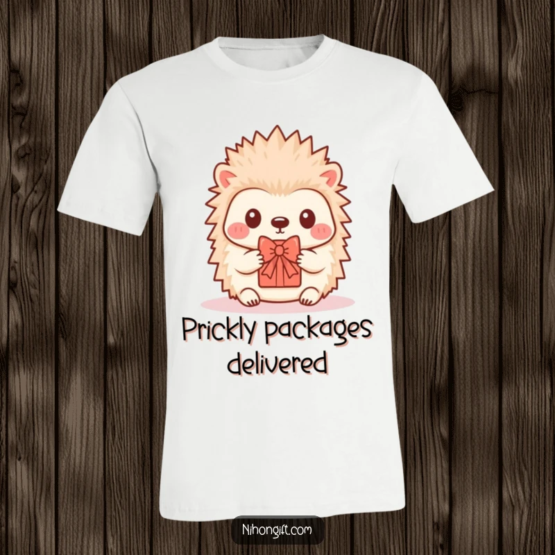 Funny Hedgehog T-Shirt: A cute kawaii hedgehog presents a tiny gift adorned with a delicate bow.