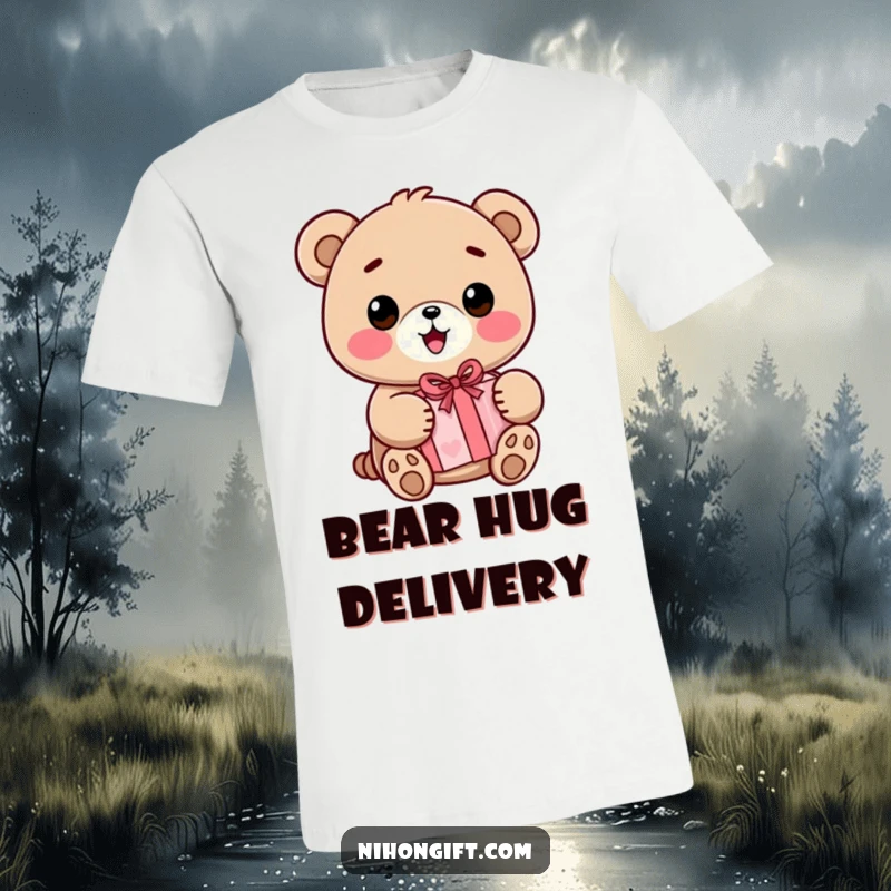 Funny Kawaii Bear T-Shirt featuring a very happy bear with a wide smile, holding a wrapped present, spreading cheer.
