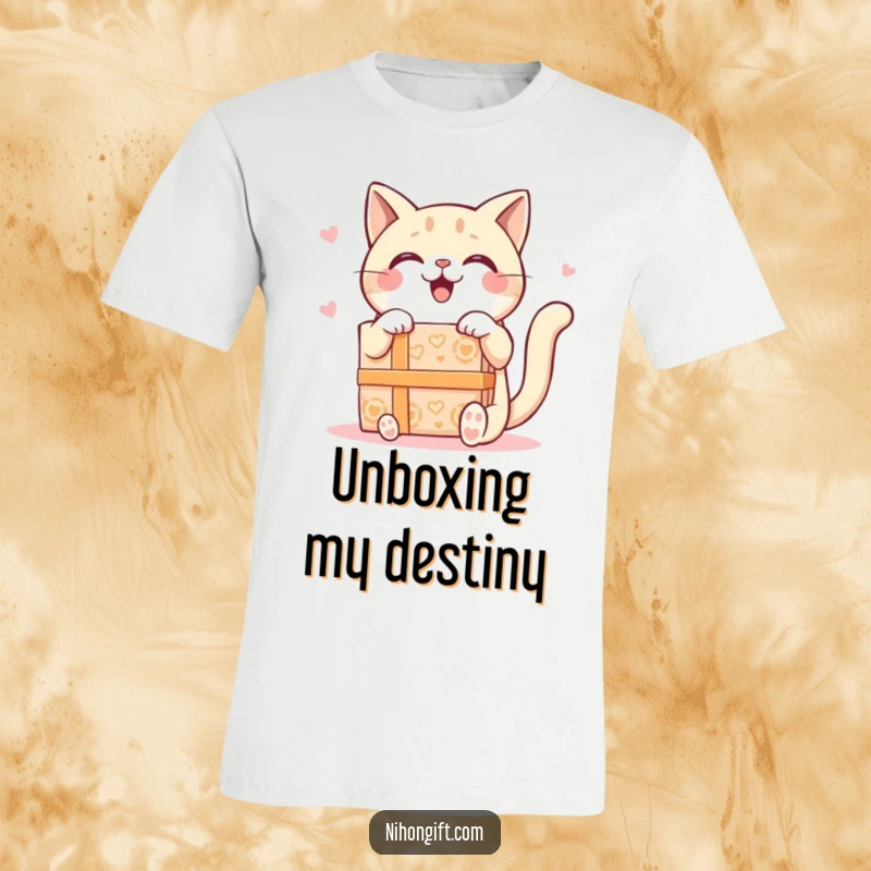 Funny Kawaii Cat T-Shirt featuring a delighted cat opening a large, ornate gift box with pure joy and excitement, a hilarious sight.