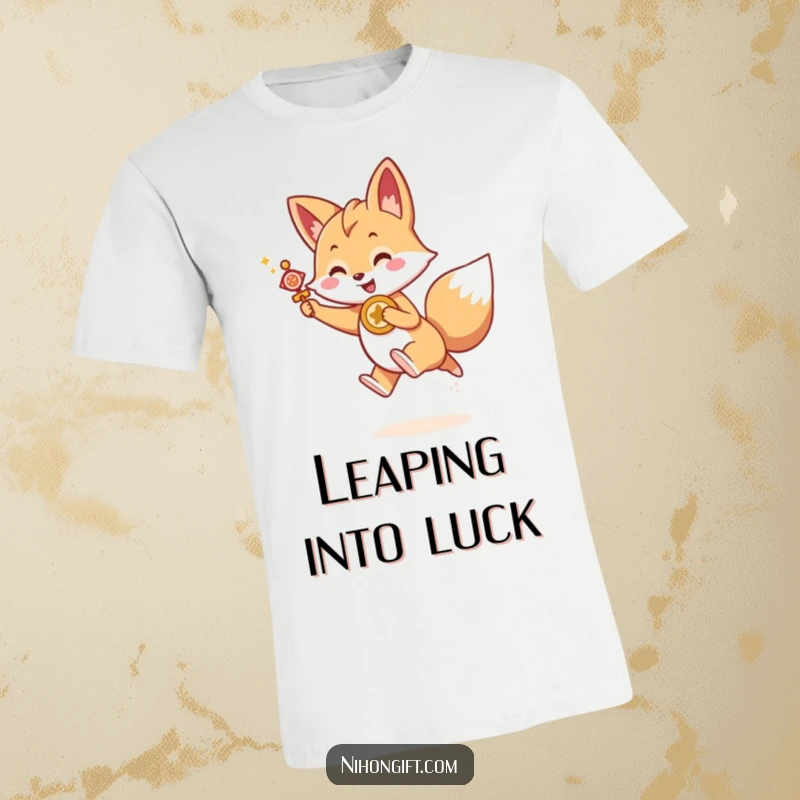 Funny Kawaii fox holding a lucky charm, joyfully leaping forward in a dynamic design, a lucky funny gift.