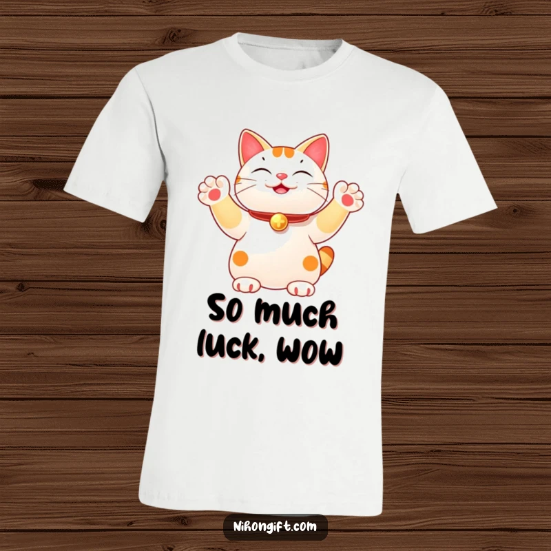 Funny t-shirt featuring a lucky cat figurine joyfully waving with all its paws, radiating good luck and playful energy. A whimsical graphic.