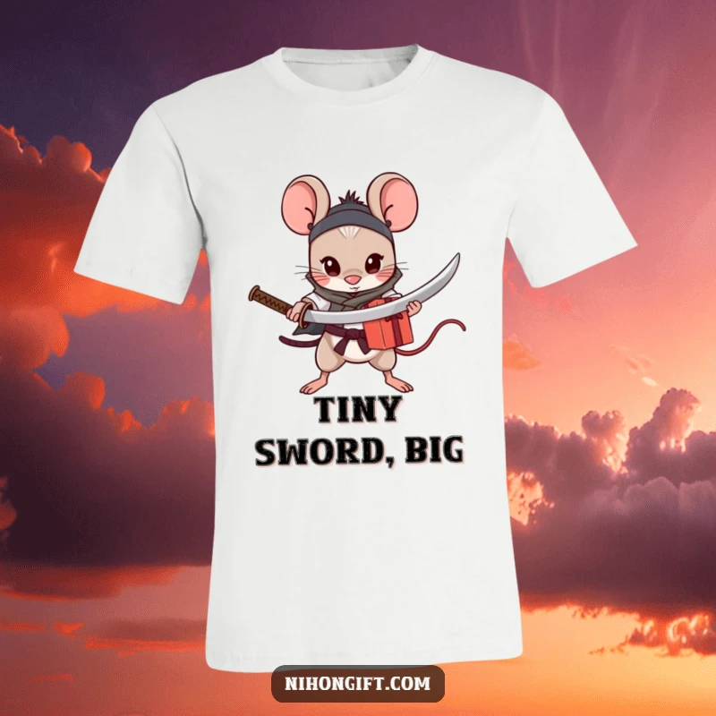 Funny Mouse Katana T-Shirt: A courageous mouse clutches a miniature katana, defending a beautifully wrapped present.