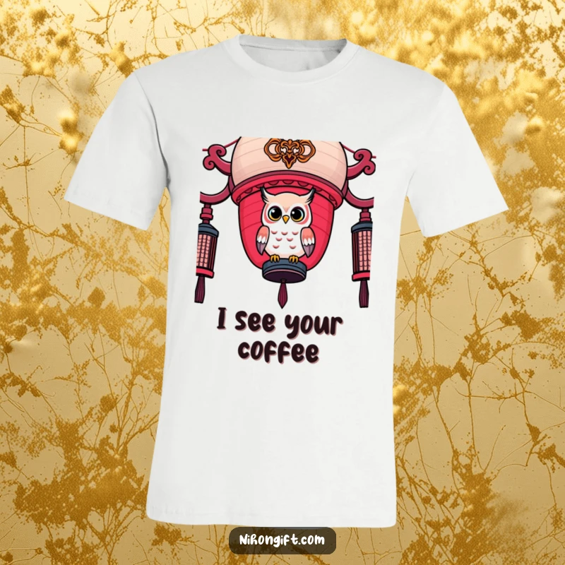 Funny Owl Lantern T-Shirt: A charming kawaii owl perches gracefully on a decorated Japanese lantern.
