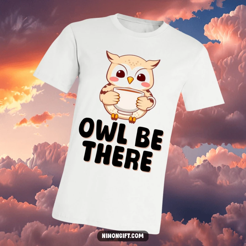 Funny Owl Tea T-Shirt: A cute, cheerful owl carries a delicate ceramic tea cup, offering a peaceful delivery.