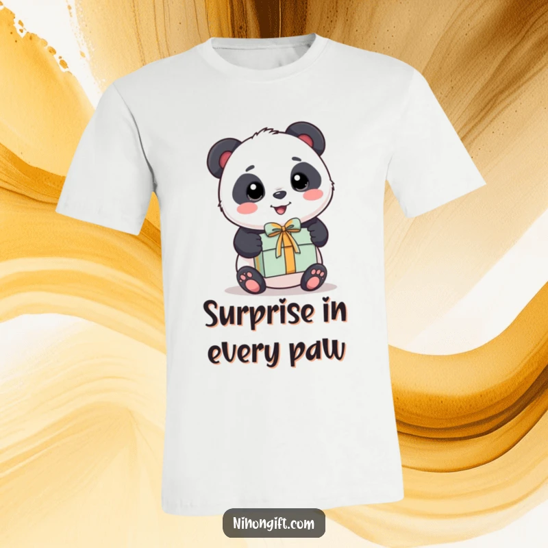 Funny Panda T-Shirt: A cute kawaii panda presents a small, elegantly wrapped gift box.