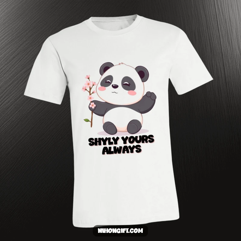 Funny panda t-shirt featuring a shy panda gently offering a delicate cherry blossom branch, embodying peacefulness and thoughtful generosity.