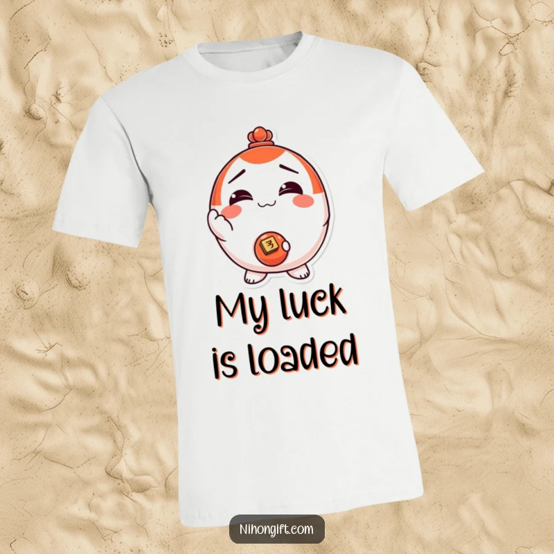 Funny! T-shirt graphic of a smiling Daruma doll character holding out a shiny coin, radiating good luck and cheerful vibes.