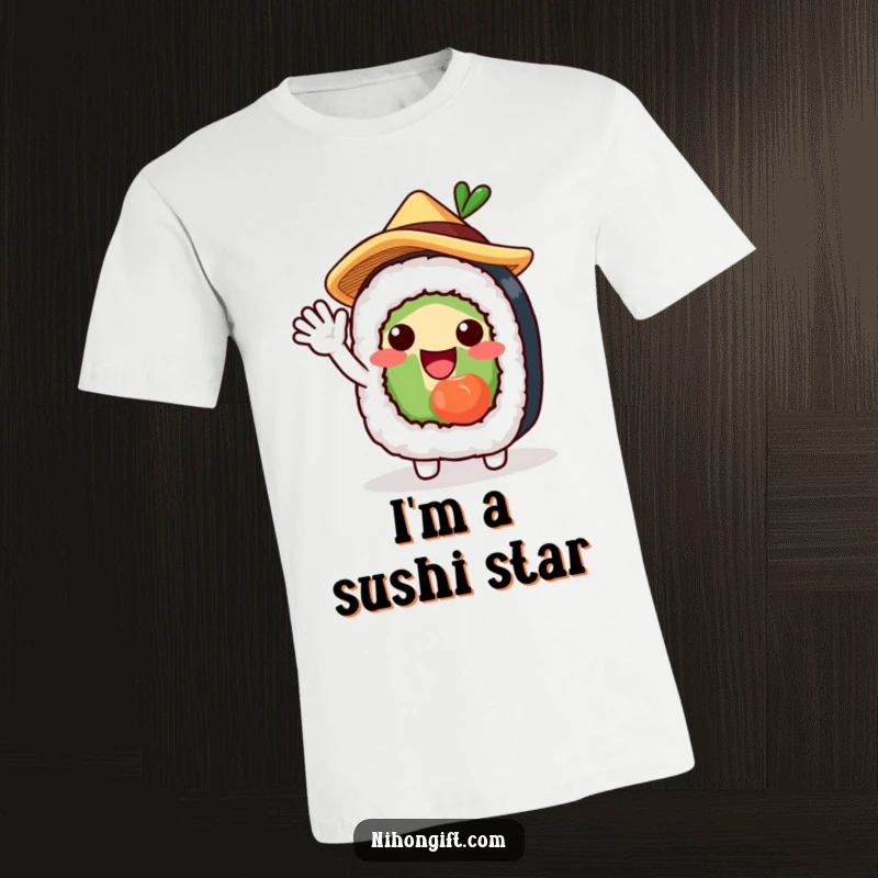 Funny t-shirt with a charming sushi roll character wearing a straw hat, waving excitedly, celebrating Japanese cuisine.