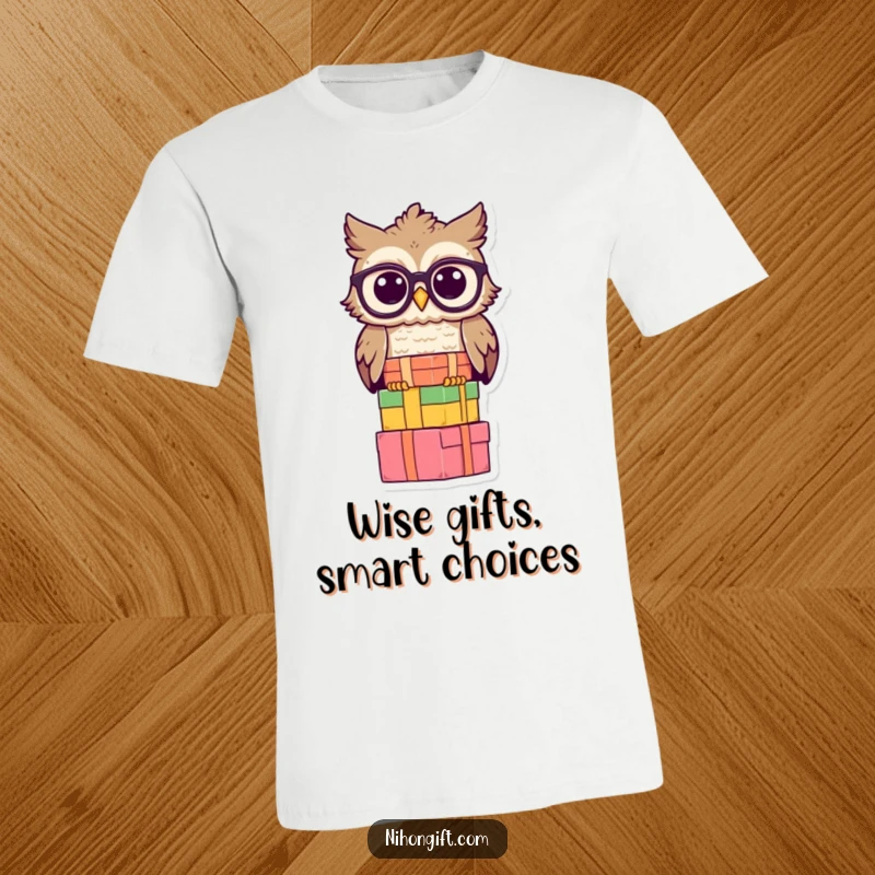 Funny owl t-shirt depicting a wise owl wearing spectacles, balancing a stack of gift boxes, ideal for scholars.