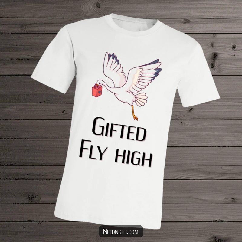 Funny Kawaii Crane T-Shirt showing a crane flying with a delicate gift box in its talons.