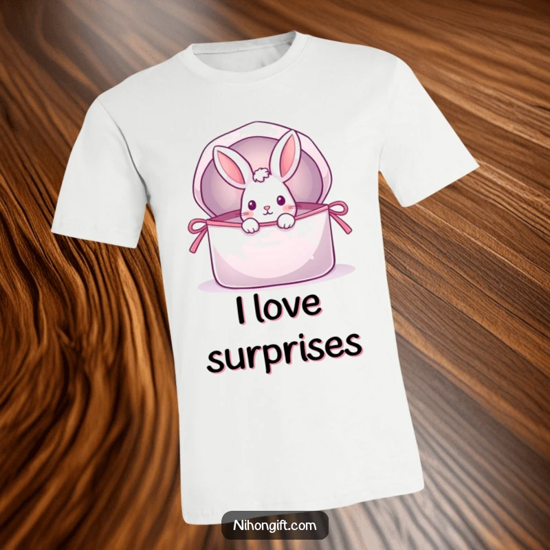 Funny t-shirt featuring a playful rabbit peeking from a large, shimmering, open gift bag, capturing a moment of delightful surprise.