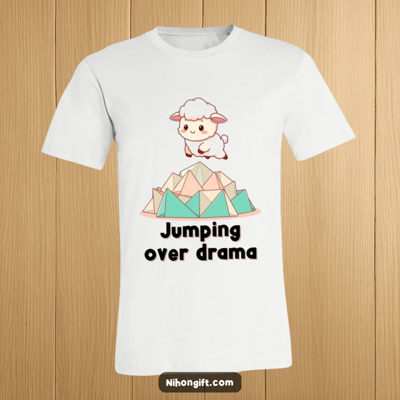 Funny Kawaii Sheep T-Shirt showing a sheep bounding over a pile of folded origami.