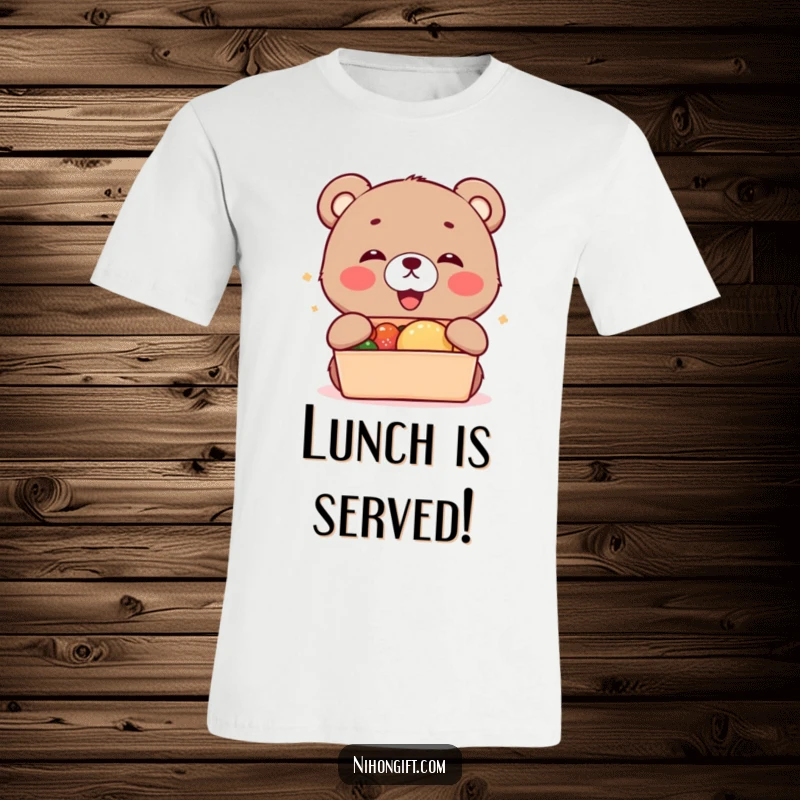 Funny kawaii bear cub cub excitedly receiving a bento box, printed on a comfortable T-shirt.