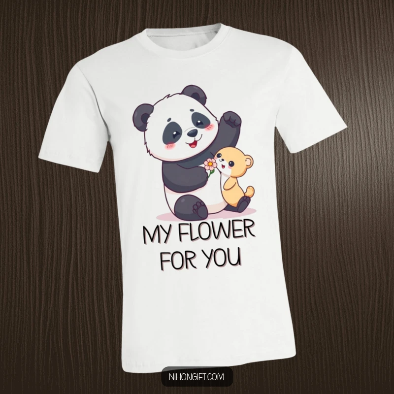 Funny t-shirt with a playful panda giving a flower to a smaller creature, showcasing sweet and humorous generosity.
