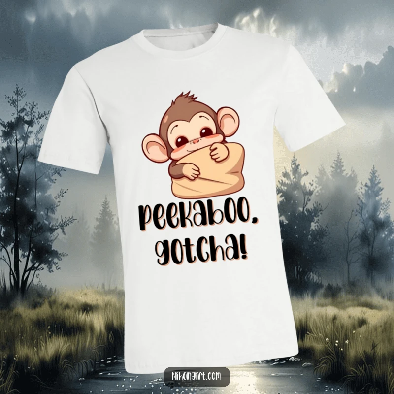 Funny monkey t-shirt depicting a mischievous ape peeking from behind a large, wrapped item, ideal for joke lovers.