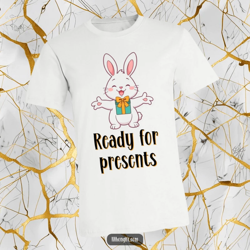 Funny Cheerful Bunny T-Shirt with paws outstretched, presenting a gift, symbolizing joy and humorous giving.