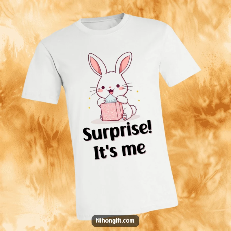 Funny kawaii bunny t-shirt, depicted with wide eyes and a huge smile, tearing into a glittering present. Expresses pure excitement and joy.