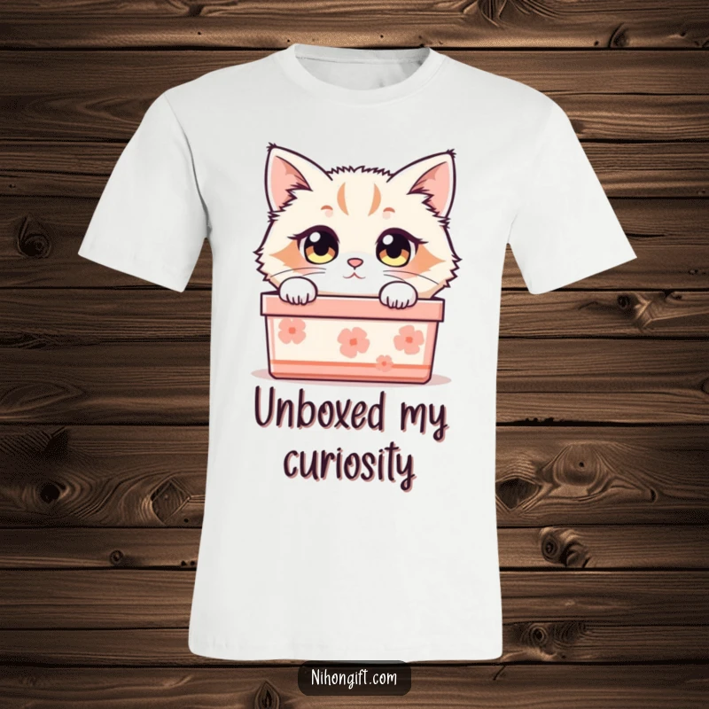 Funny cat t-shirt featuring a fluffy cat with big, curious eyes peeking playfully out of a Japanese gift box.