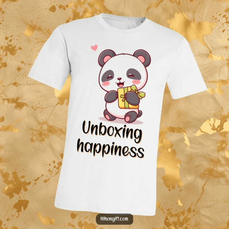 Funny kawaii panda joyfully holding a present with a ribbon on a t-shirt, ideal for gift-giving occasions.