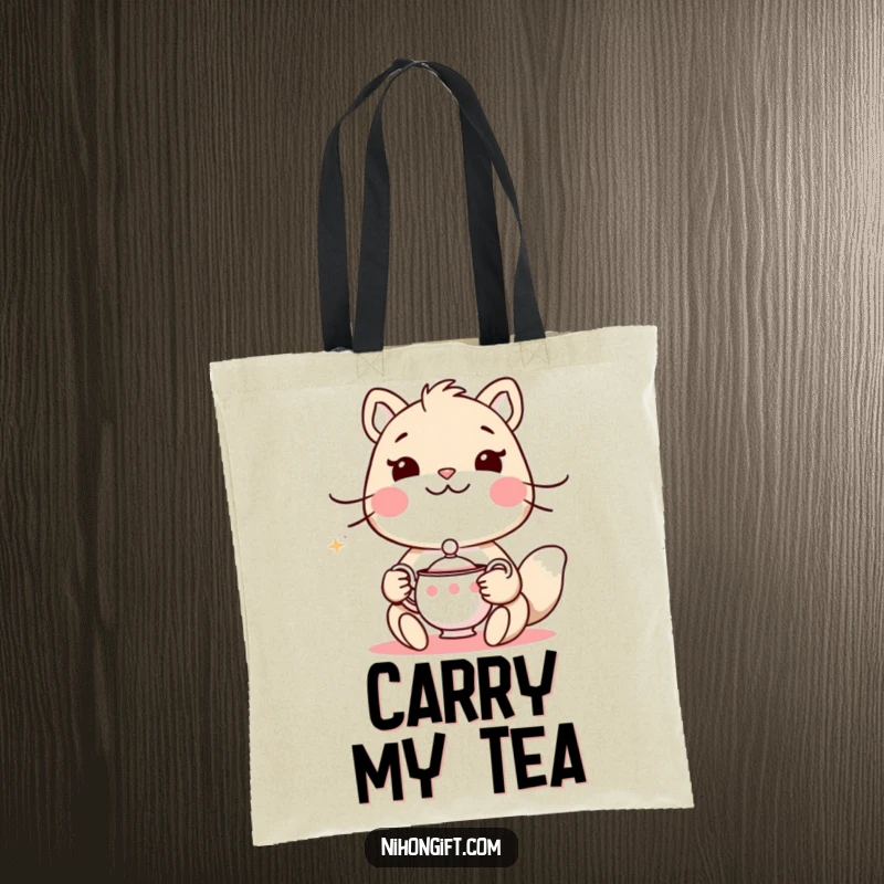 Funny tote bag with an animal holding a delicate tea set and a polite smile, ideal for daily use.