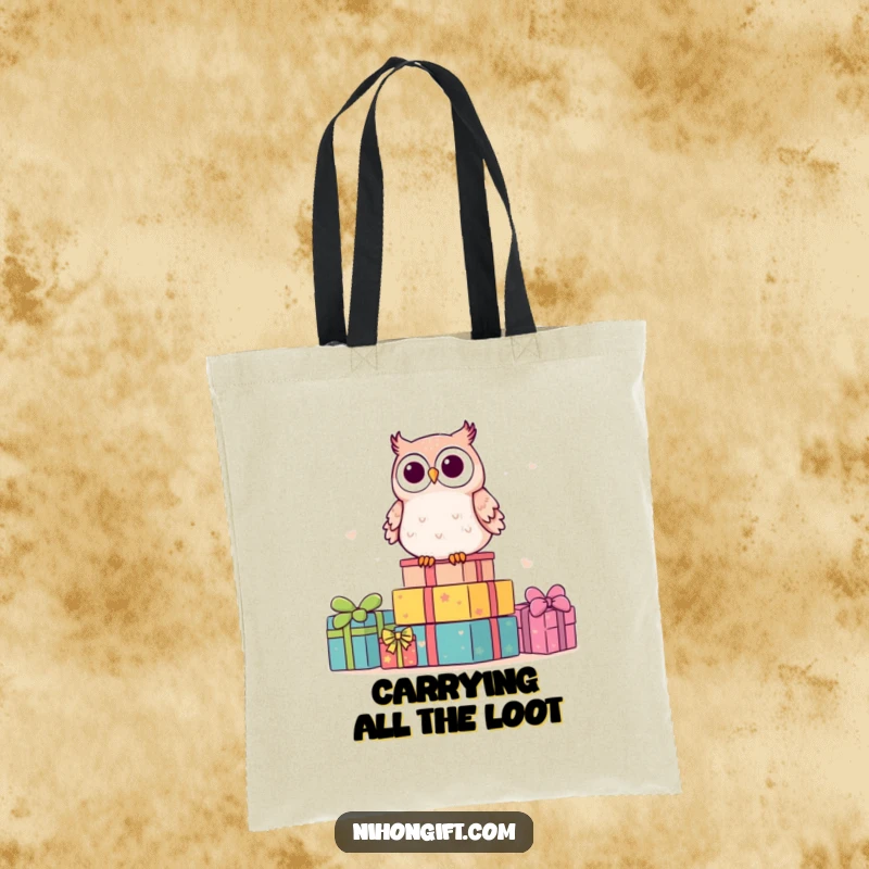 Funny kawaii owl perched on a gift stack, looking sweet and amusing on a durable tote bag.