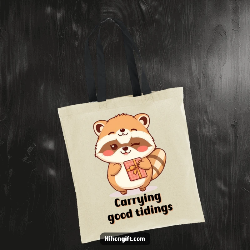 Funny kawaii tanuki character winking while presenting a gift, depicted on a durable tote bag.