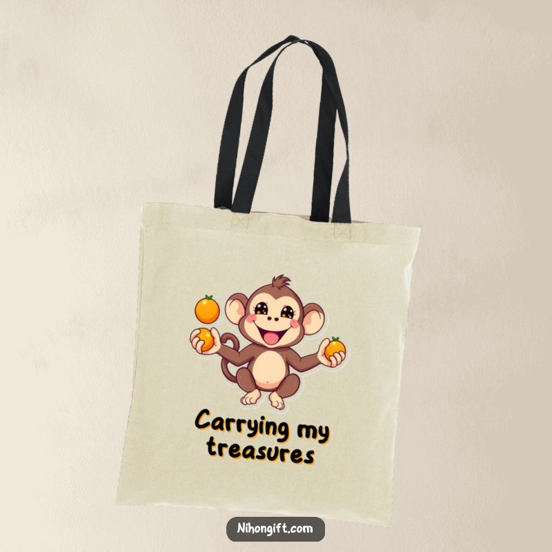 Funny Kawaii Monkey Tote Bag with a monkey juggling oranges with a mischievous grin.
