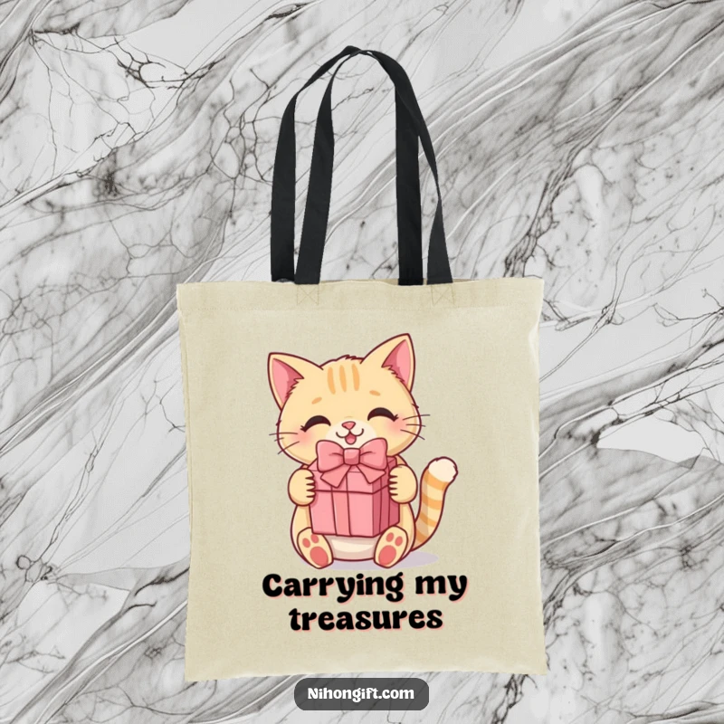Funny kawaii cat tote bag designed with a happy kitten holding a gift box, ideal for shopping and daily errands.