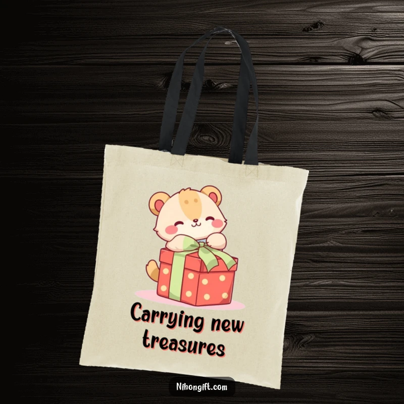 Funny tote bag with a cute animal happily unwrapping a beautifully tied gift box, ideal for shoppers and givers.