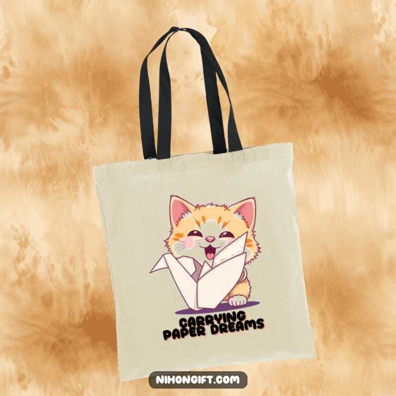 Funny cat tote bag with an ecstatic fluffy cat peeking from behind a beautifully folded origami crane.