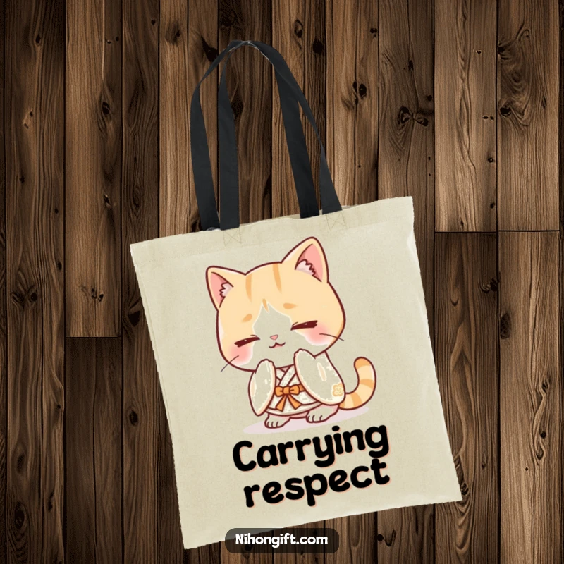 Funny kawaii cat in a kimono bowing politely on a durable tote bag.