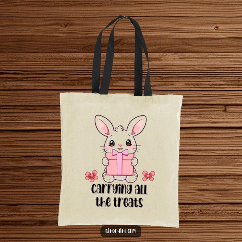 Funny bunny tote bag depicting a surprised bunny with large eyes receiving a gift, a humorous and functional accessory.