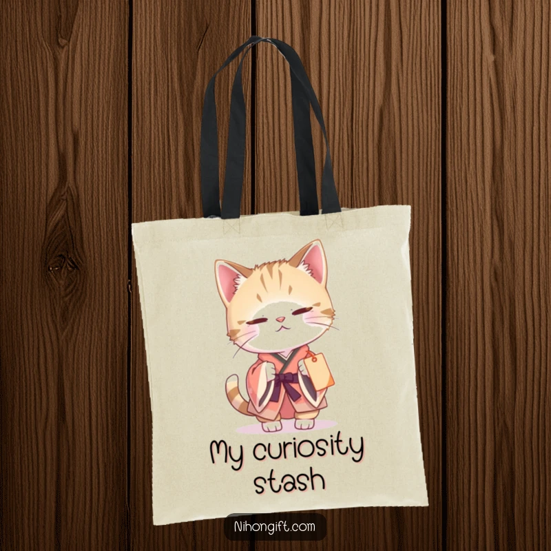 Funny cat kimono tote bag featuring a curious cat in a tiny kimono gently batting at a dangling gift tag, perfect for carrying essentials.