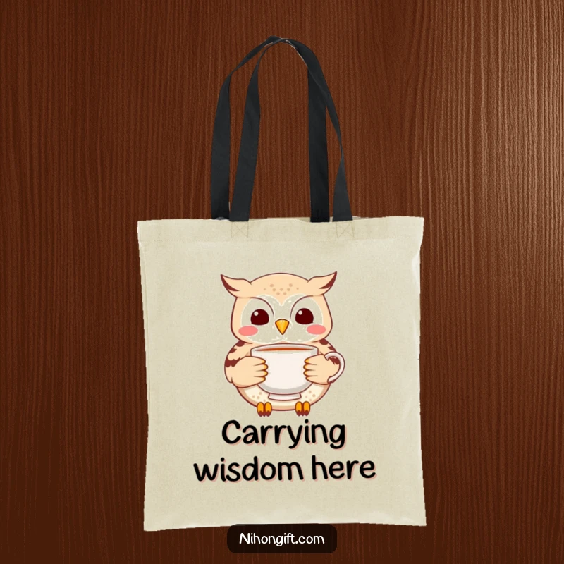 Funny Owl Tea Tote Bag: Cheerful owl carefully carrying a delicate ceramic tea cup, ready for errands.