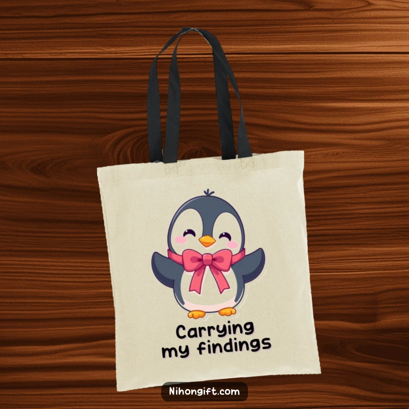 Funny tote bag featuring a cute penguin character presenting a beautifully tied ribbon, ideal for shopping.