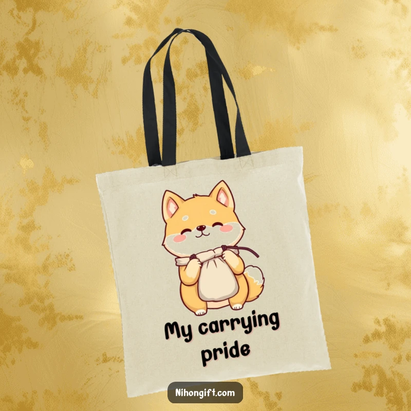 Funny Shiba Inu tote bag featuring a cheerful character proudly presenting a delicate silk pouch, adding charm.