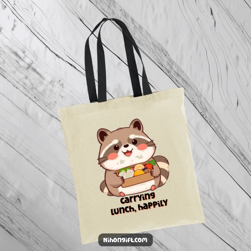 Funny kawaii tanuki wearing a happy expression, holding a beautifully presented bento on a tote bag, a humorous and practical accessory.