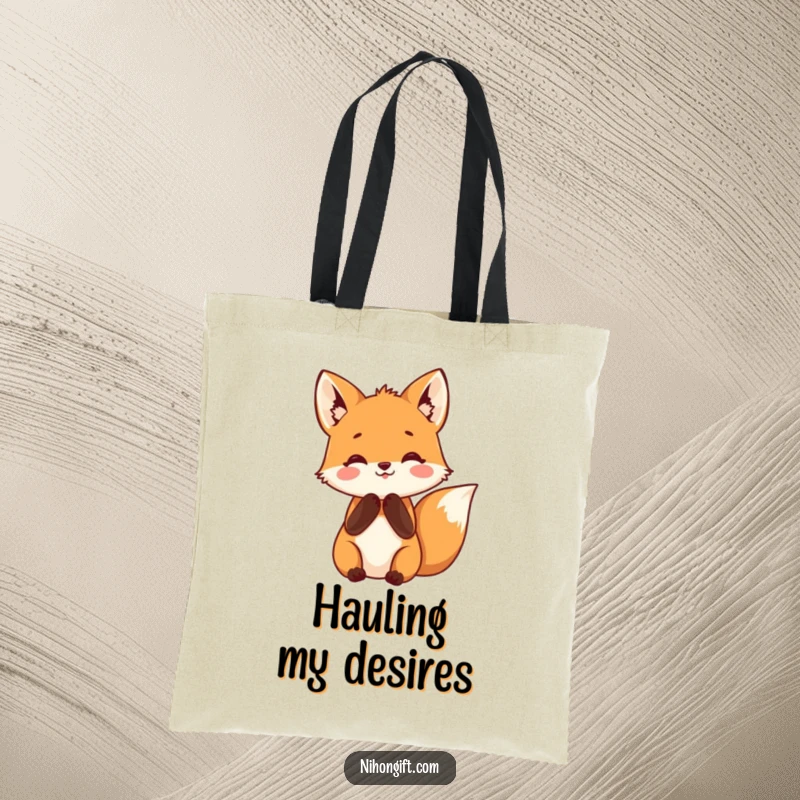Funny fox tote bag with a small fox clasping its paws in happy anticipation, making it a humorous and practical accessory.