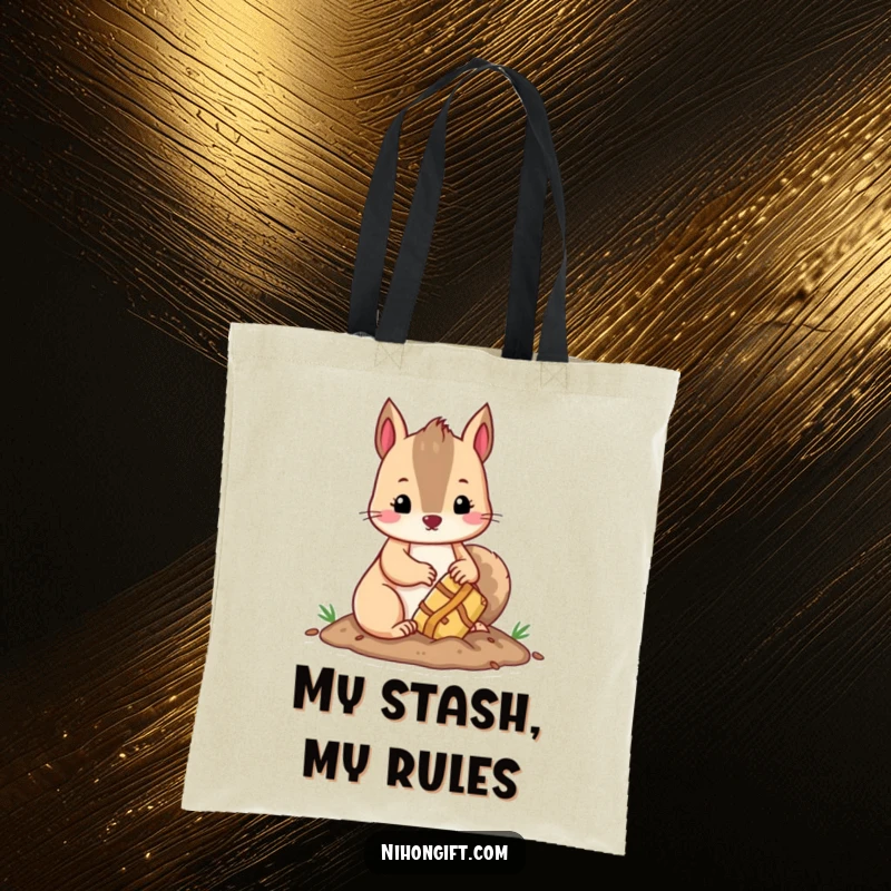 Funny kawaii squirrel burying a tiny treasure, adding a humorous and cute touch to a tote bag.