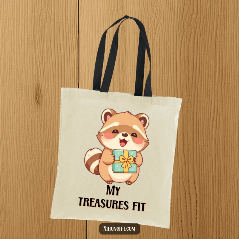 Funny tanuki tote bag featuring a joyful character holding a beautifully wrapped present, perfect for everyday charm.