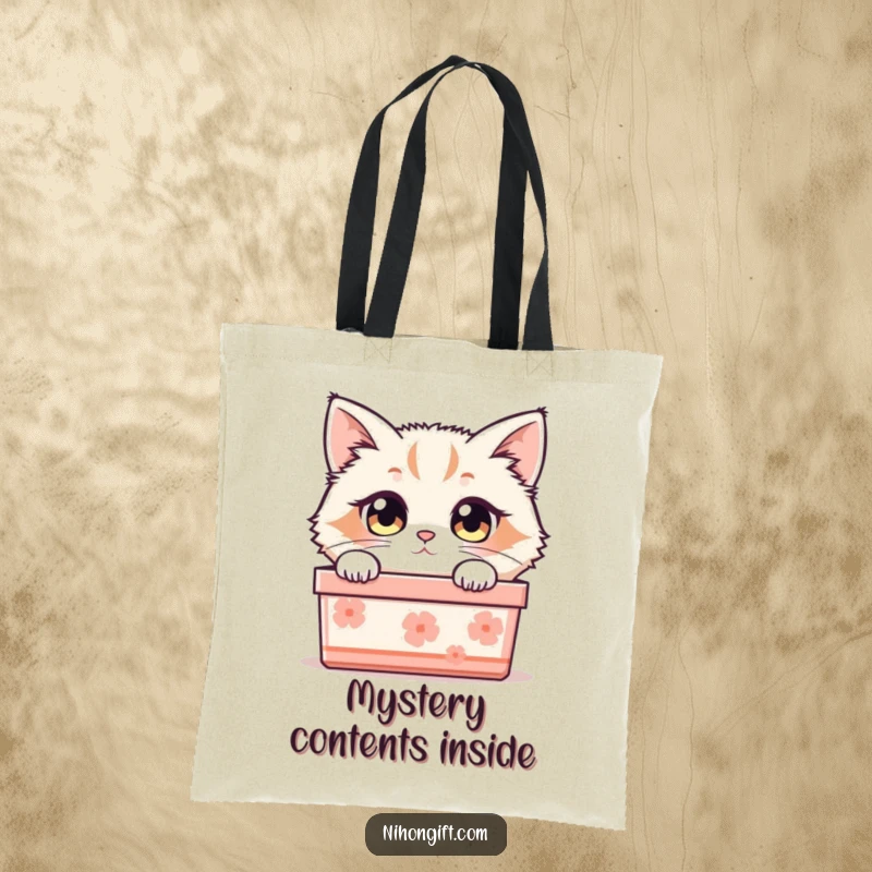 Funny cat tote bag with a fluffy cat’s curious eyes peering out from a traditional Japanese gift box.