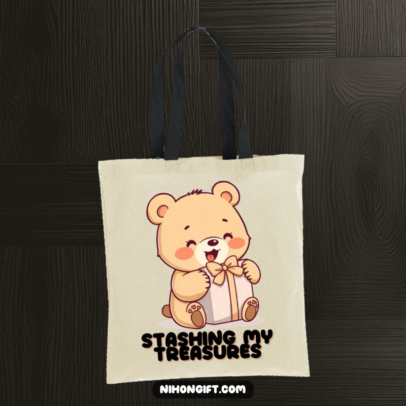 Funny bear tote bag showing a little bear enthusiastically opening a wrapped gift, making it a humorous and practical accessory.